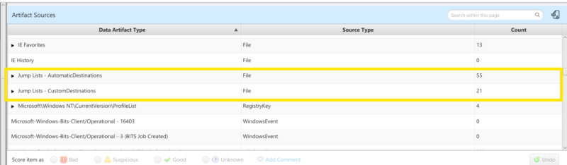 Viewing artifact sources with Cyber Triage.