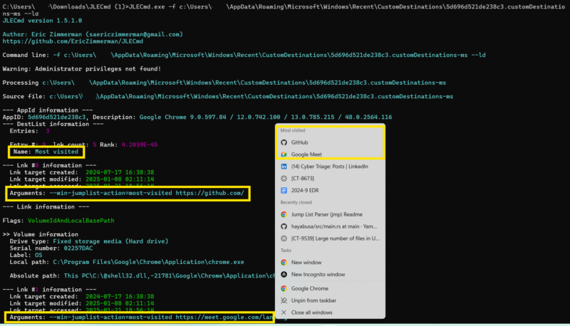 Jlecmd output for custom destinations list. 