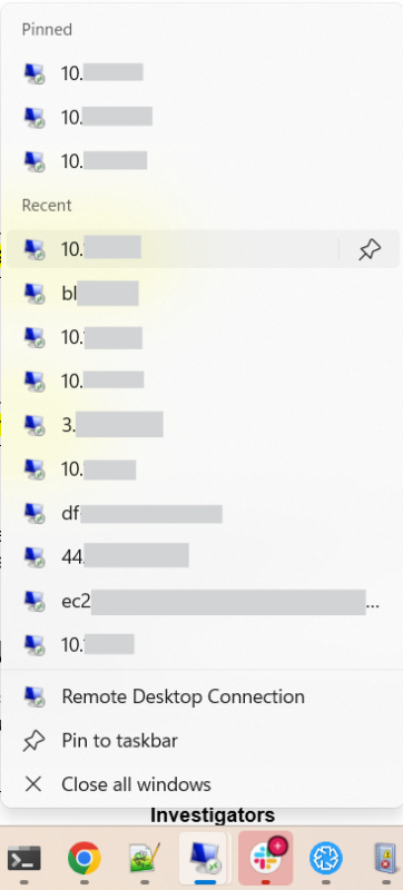 Remote access jump list example. 