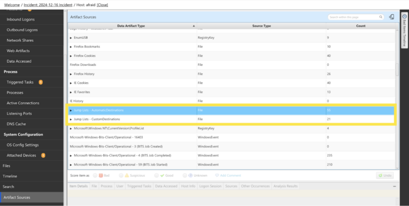 Cyber Triage “Artifact Sources” view to see how many artifacts were parsed from jump lists.