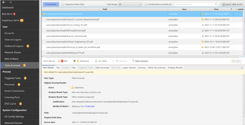 Cyber Triage view of Data Accessed artifacts. 