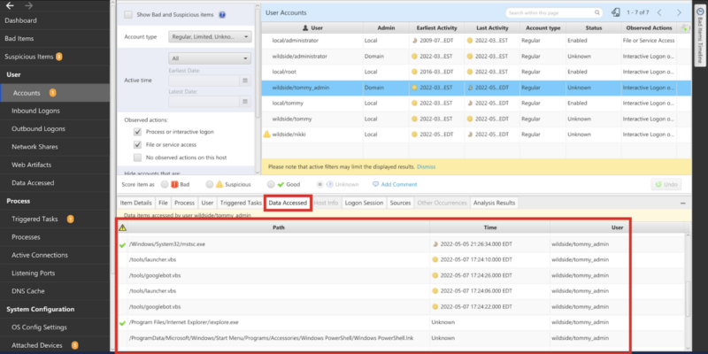 Cyber Triage view of Data Accessed artifacts.