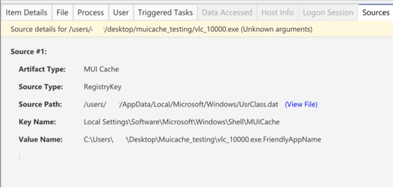 MUICache Cyber Triage Process Source view. 