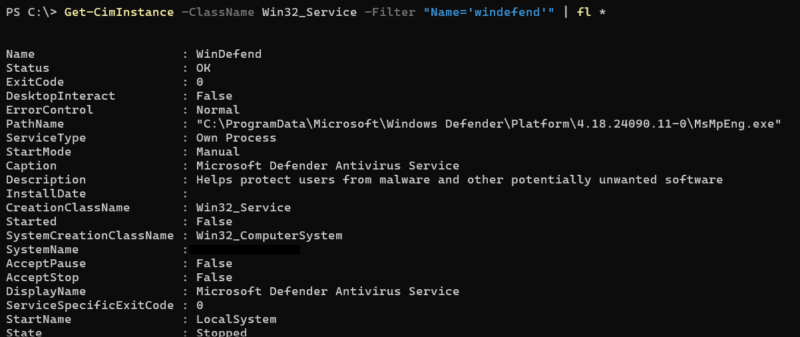 WMI Service defender example.