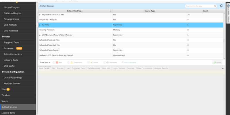 Cyber Triage process artifact table. 