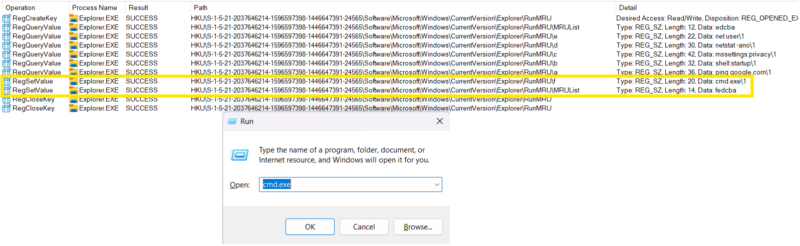 Image of running new command “cmd.exe” with run box registry activity shown in Sysmon.