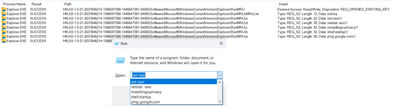 Image of the Run box being opened with its registry activity shown in Sysmon.