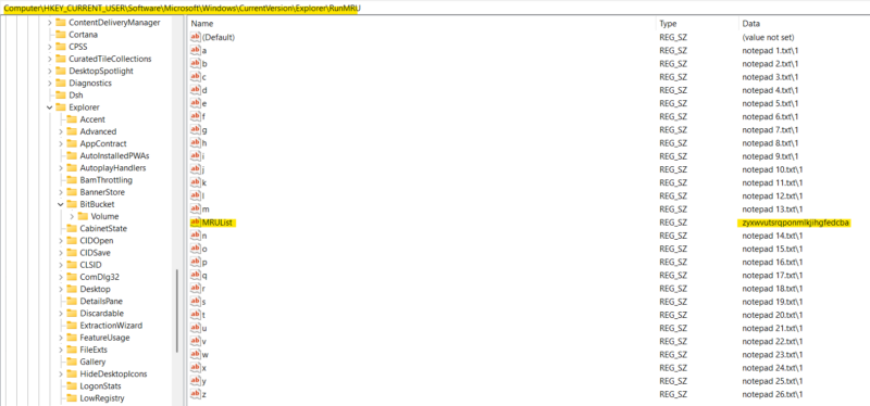 Image shows the RunMRU key at its max capacity (notepad 1.txt - 26.txt ran).